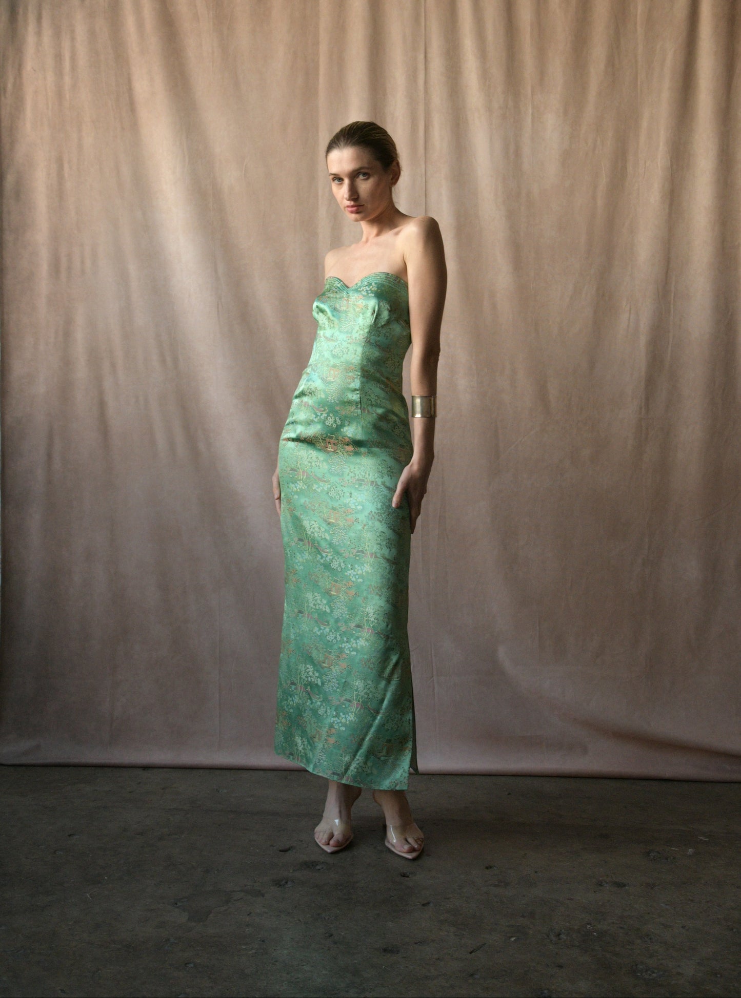 green silk embroidered chinoiserie dress and jacket