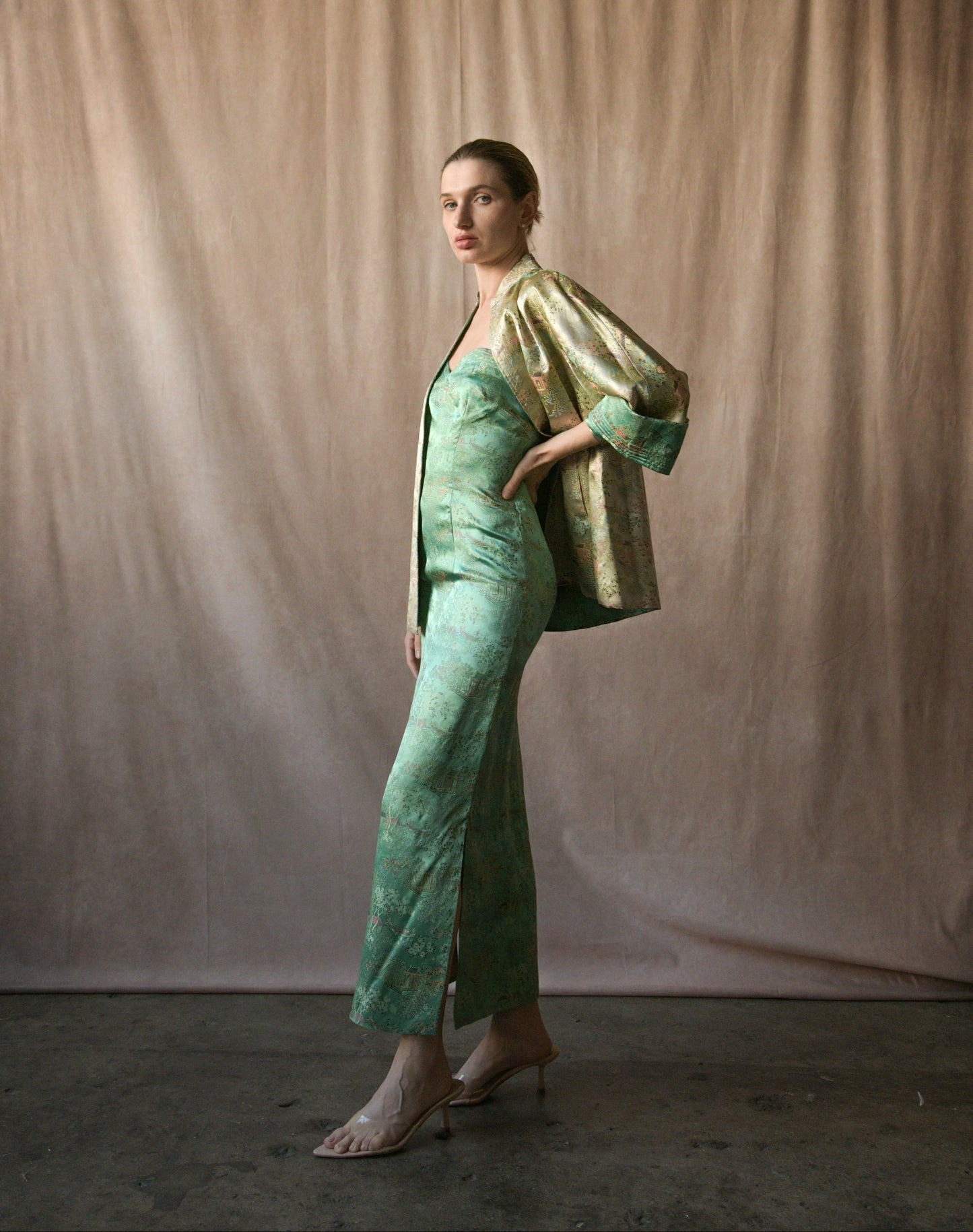 green silk embroidered chinoiserie dress and jacket