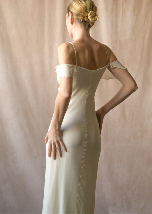 emporio armani white silk chiffon off shoulder dress