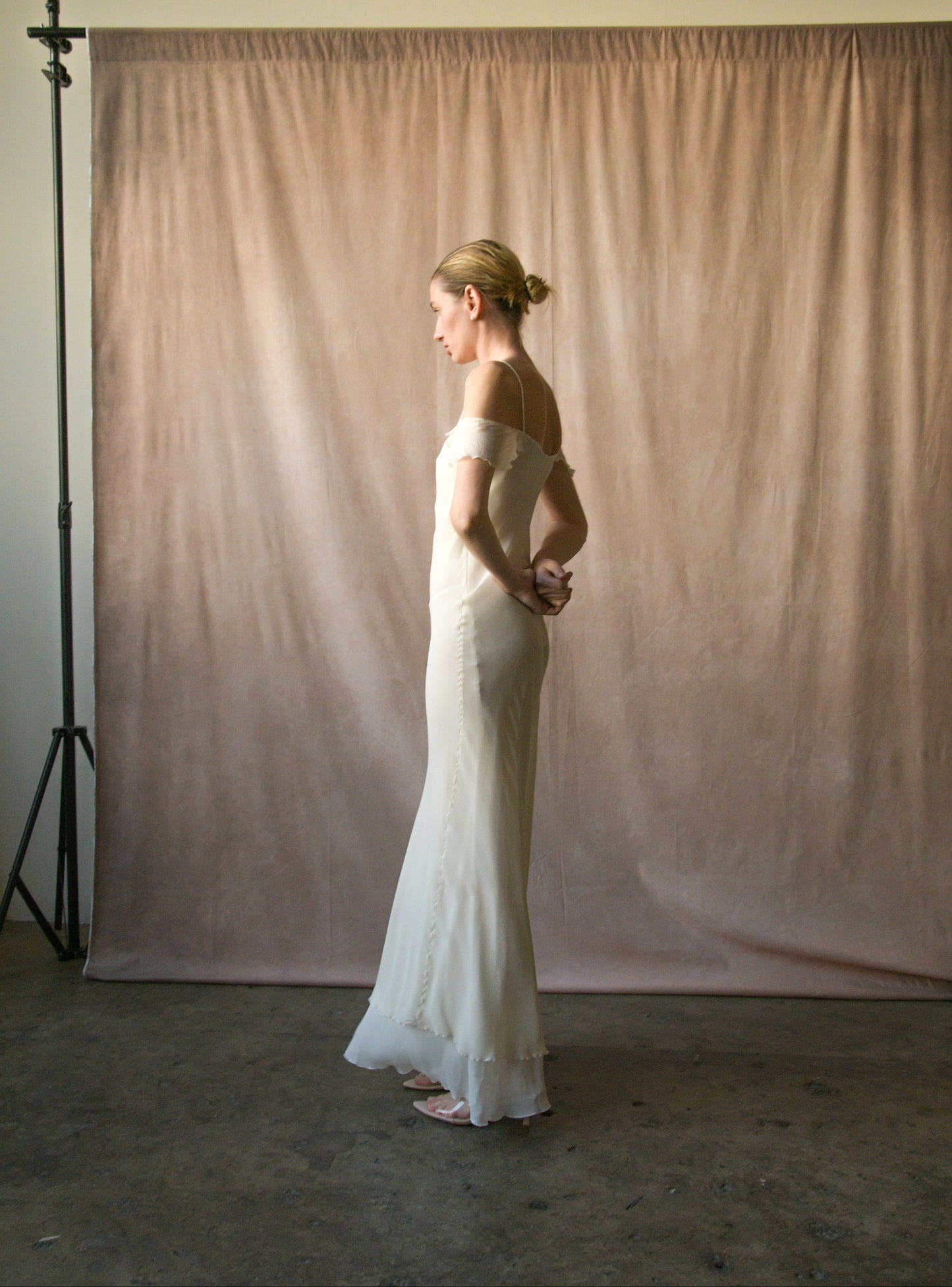 emporio armani white silk chiffon off shoulder dress