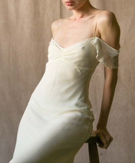 emporio armani white silk chiffon off shoulder dress
