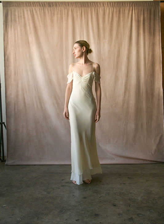 emporio armani white silk chiffon off shoulder dress