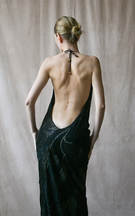 roberto cavalli fall winter 2004 black open back slinky dress
