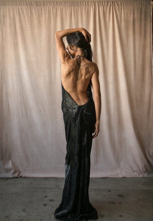 roberto cavalli fall winter 2004 black open back slinky dress