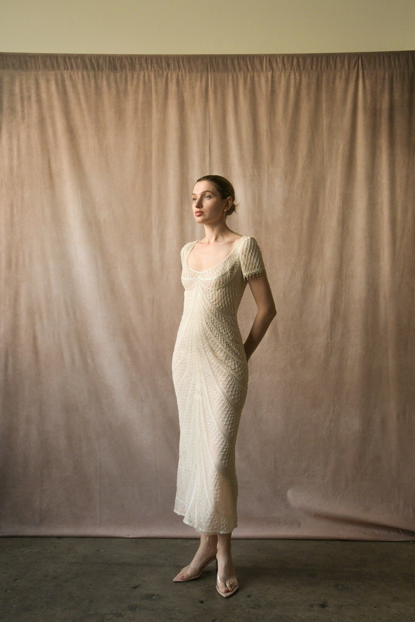 bob mackie spring 1999 white beaded dress for mimi / bella