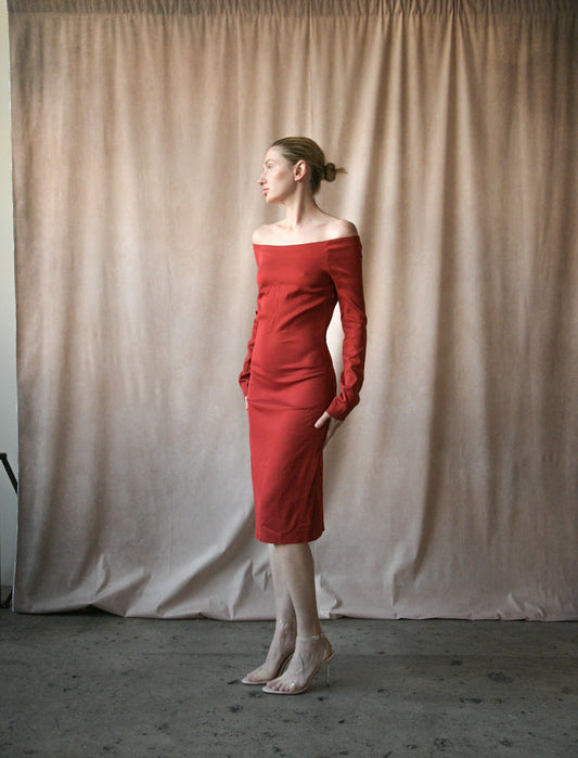 romeo gigli resort 1986 burgundy red off shoulder midi dress
