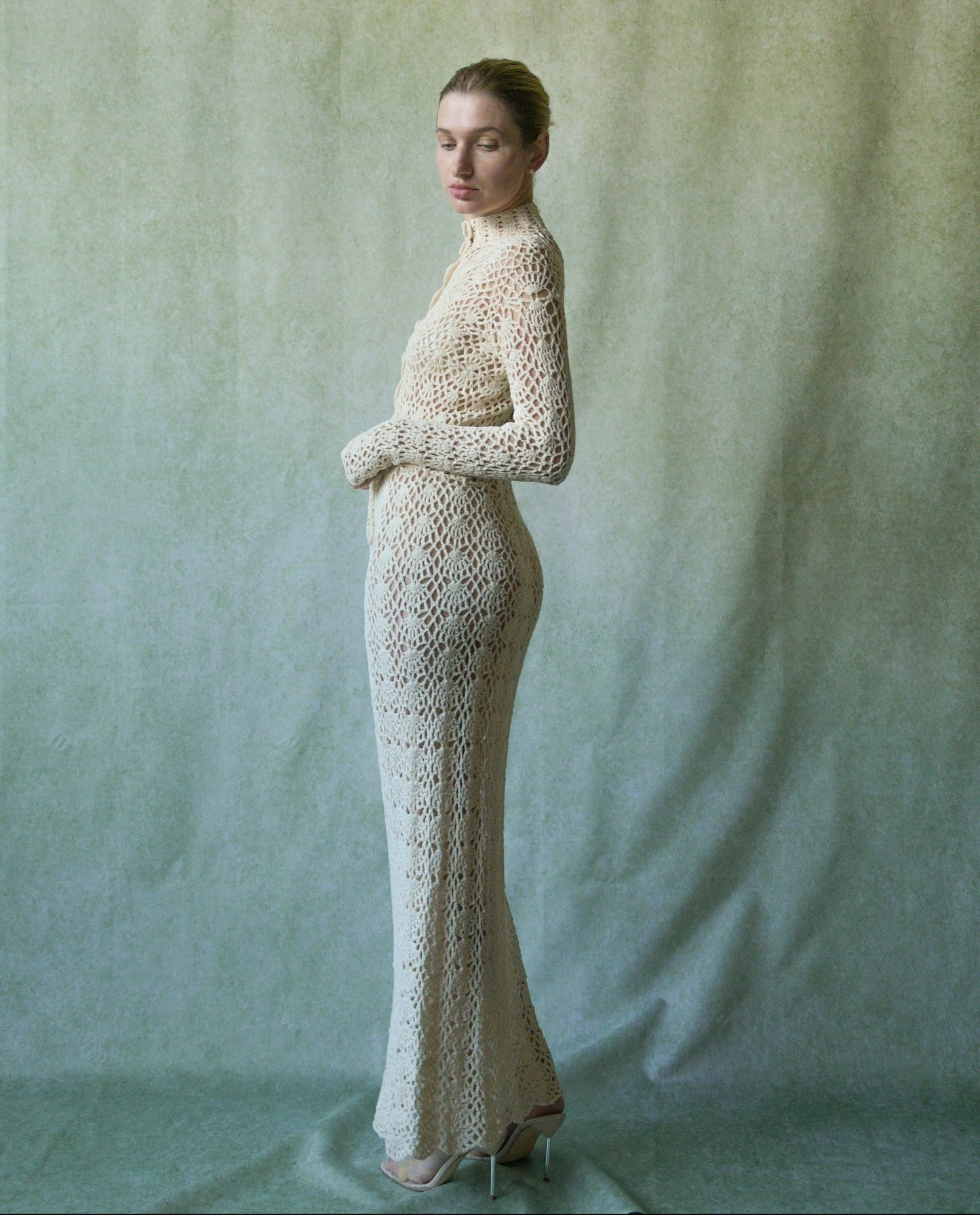 1970s crochet lace fitted dress