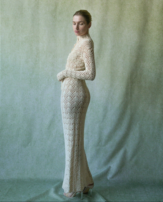 1970s crochet lace fitted dress