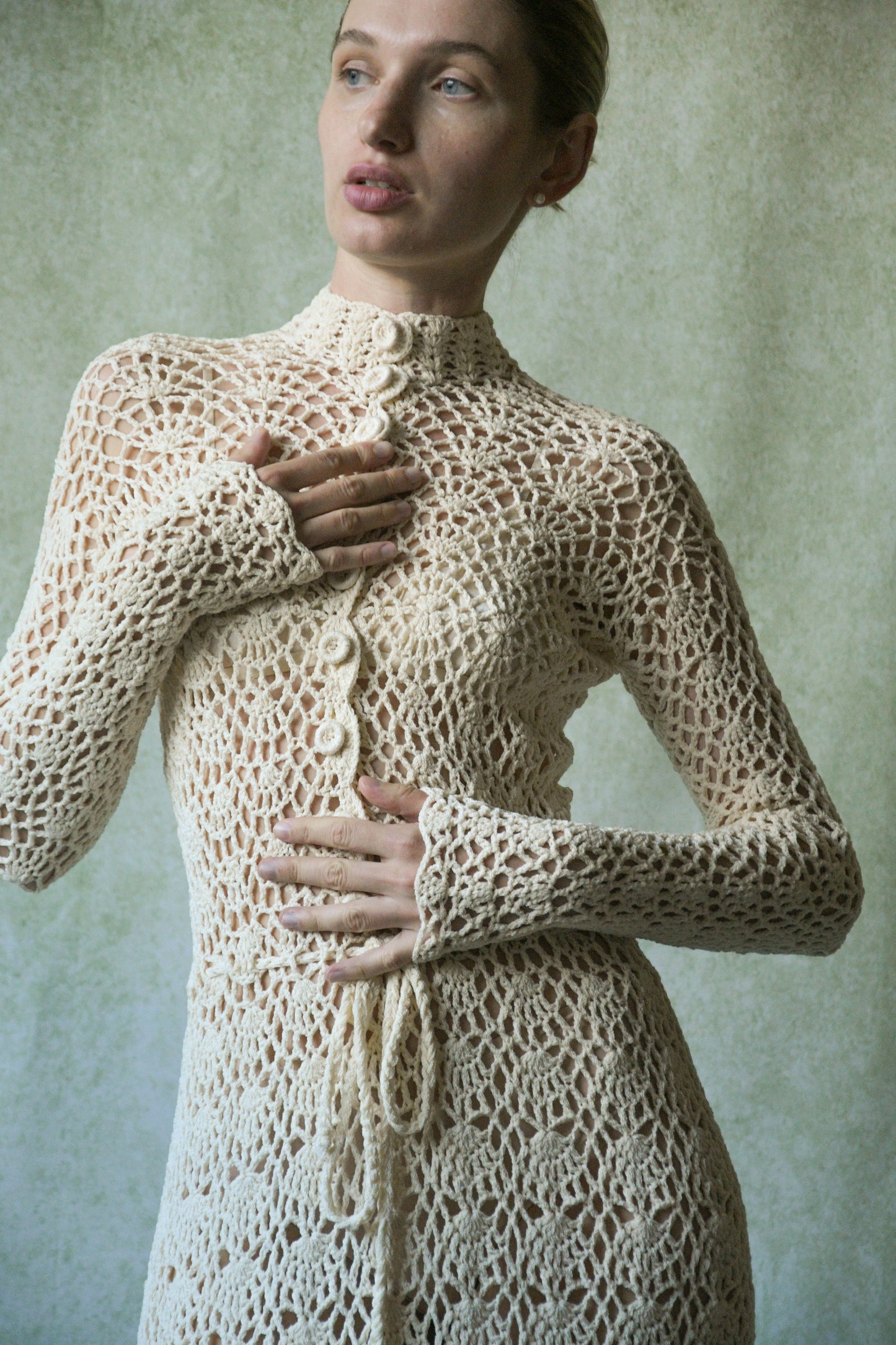 1970s crochet lace fitted dress