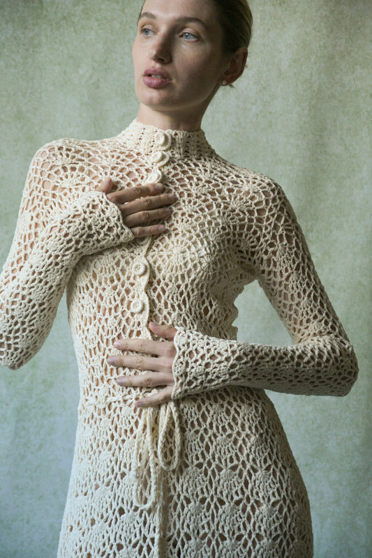 1970s crochet lace fitted dress