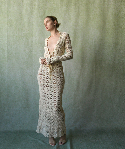 1970s crochet lace fitted dress