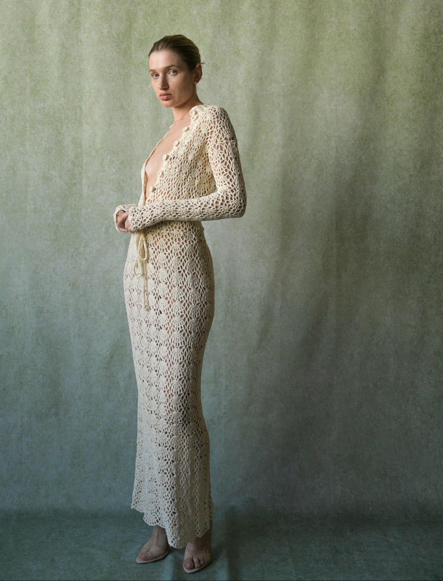 1970s crochet lace fitted dress