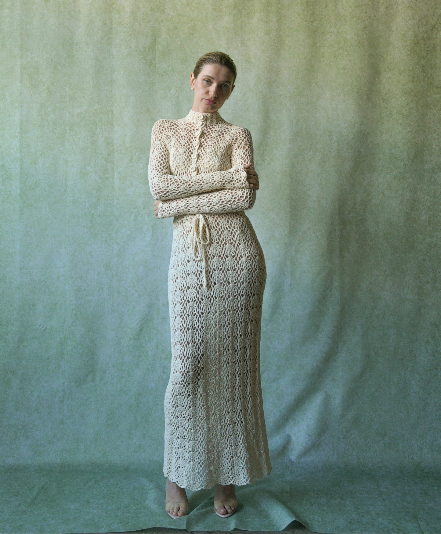 1970s crochet lace fitted dress