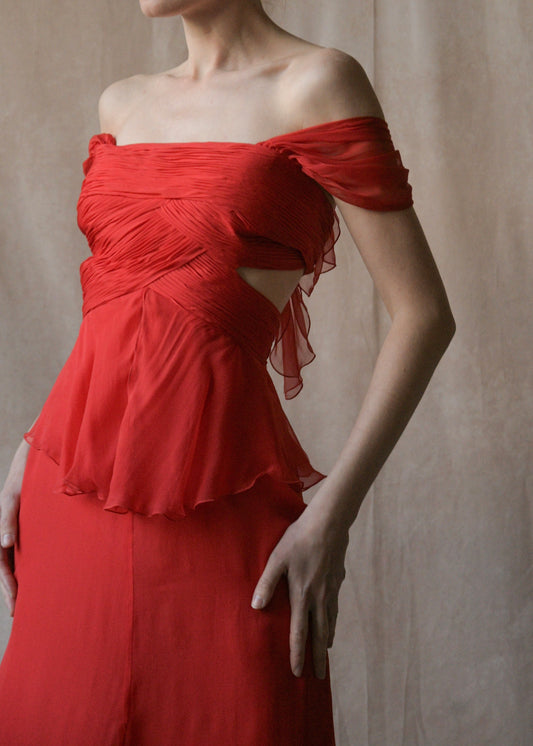 valentino ss 2007 red silk plisse halter dress with train