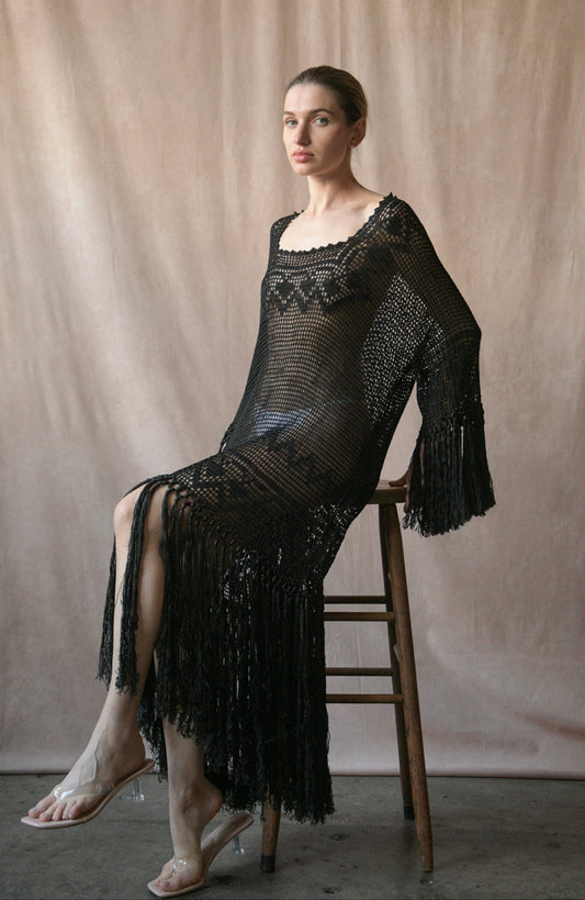 stylist hold - antique 1920s black crochet lace fringe dress