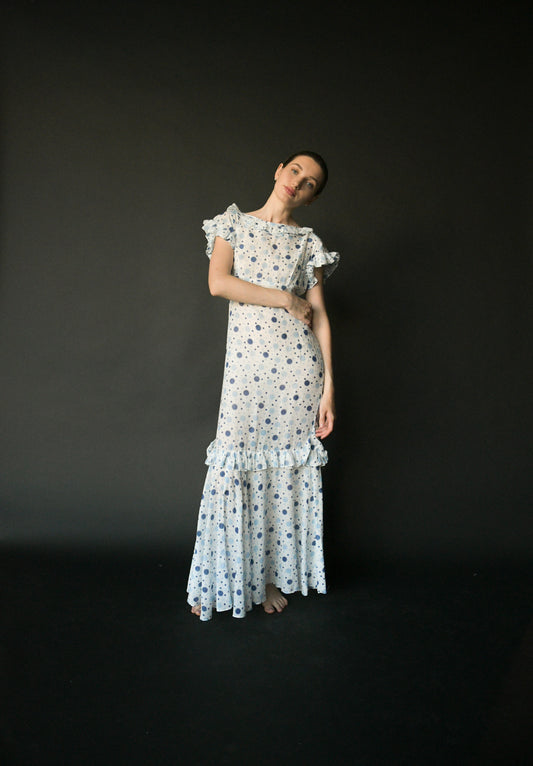 1930s white cotton polka dot mermaid dress
