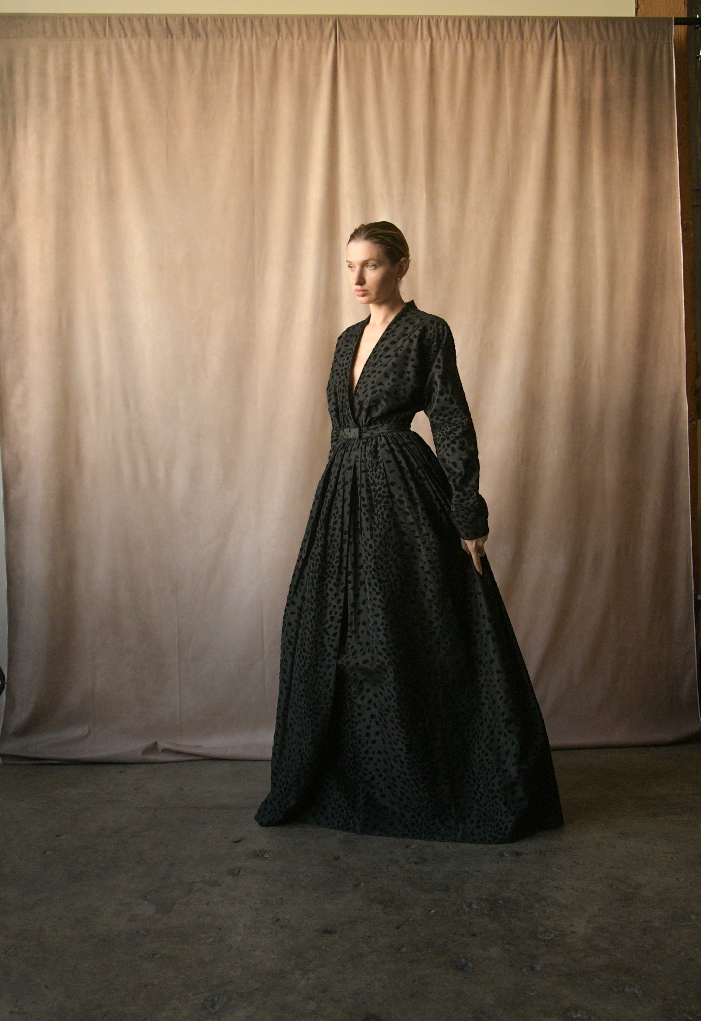 1977 halston black taffeta dot wrap gown