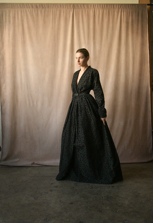 1977 halston black taffeta dot wrap gown