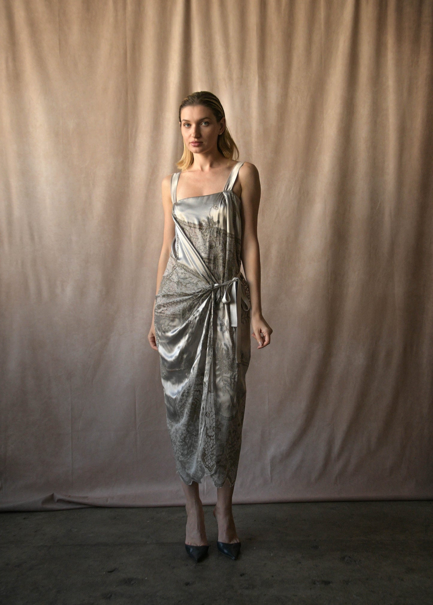 dries van noten silver painted lace draped dress