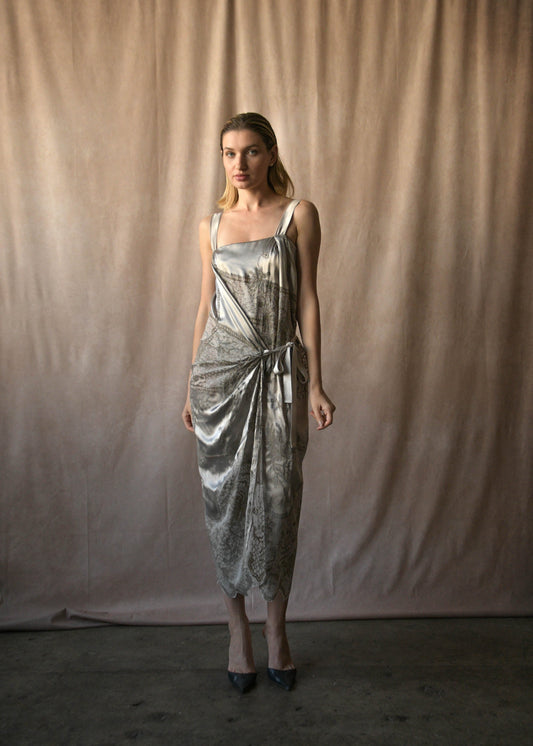 dries van noten silver painted lace draped dress