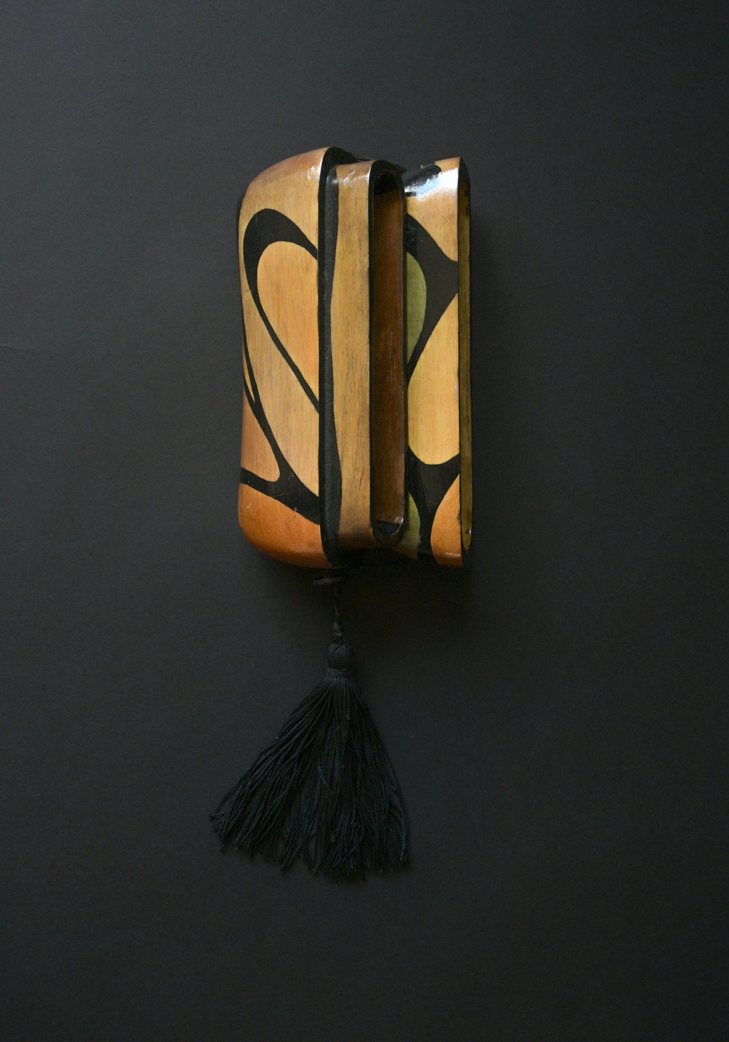 wooden painted minaudiere tassel clutch