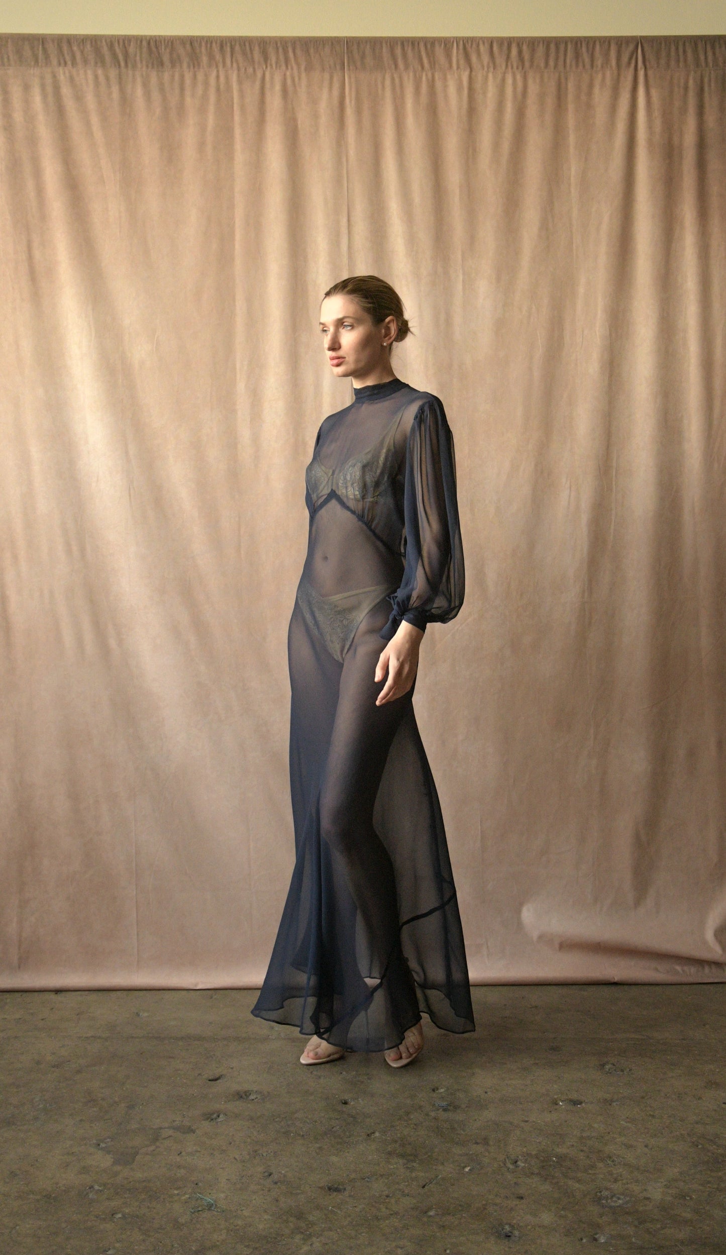 1930s navy blue silk chiffon bias cut balloon sleeve dress
