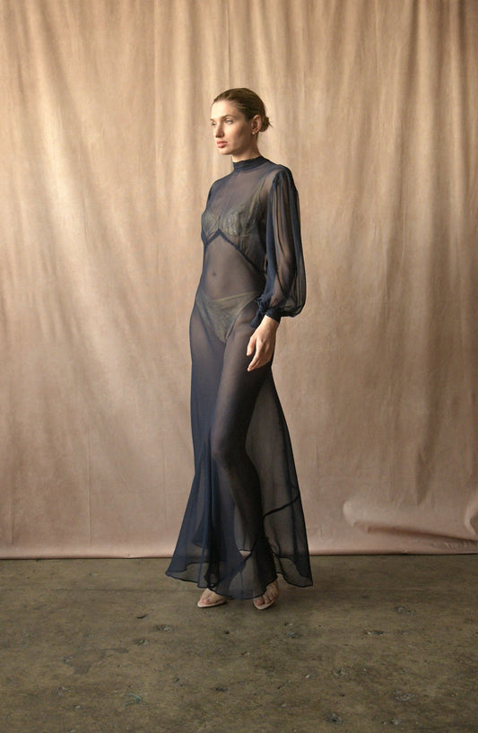 1930s navy blue silk chiffon bias cut balloon sleeve dress