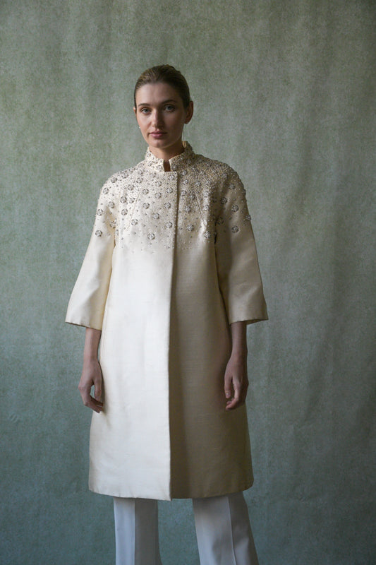 1960s silk shantung deco beaded opera coat