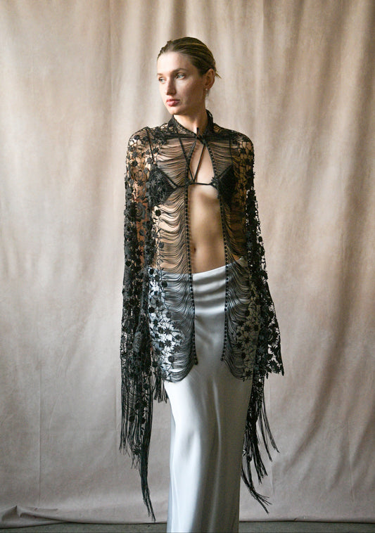 giorgio armani black lace fringe shawl