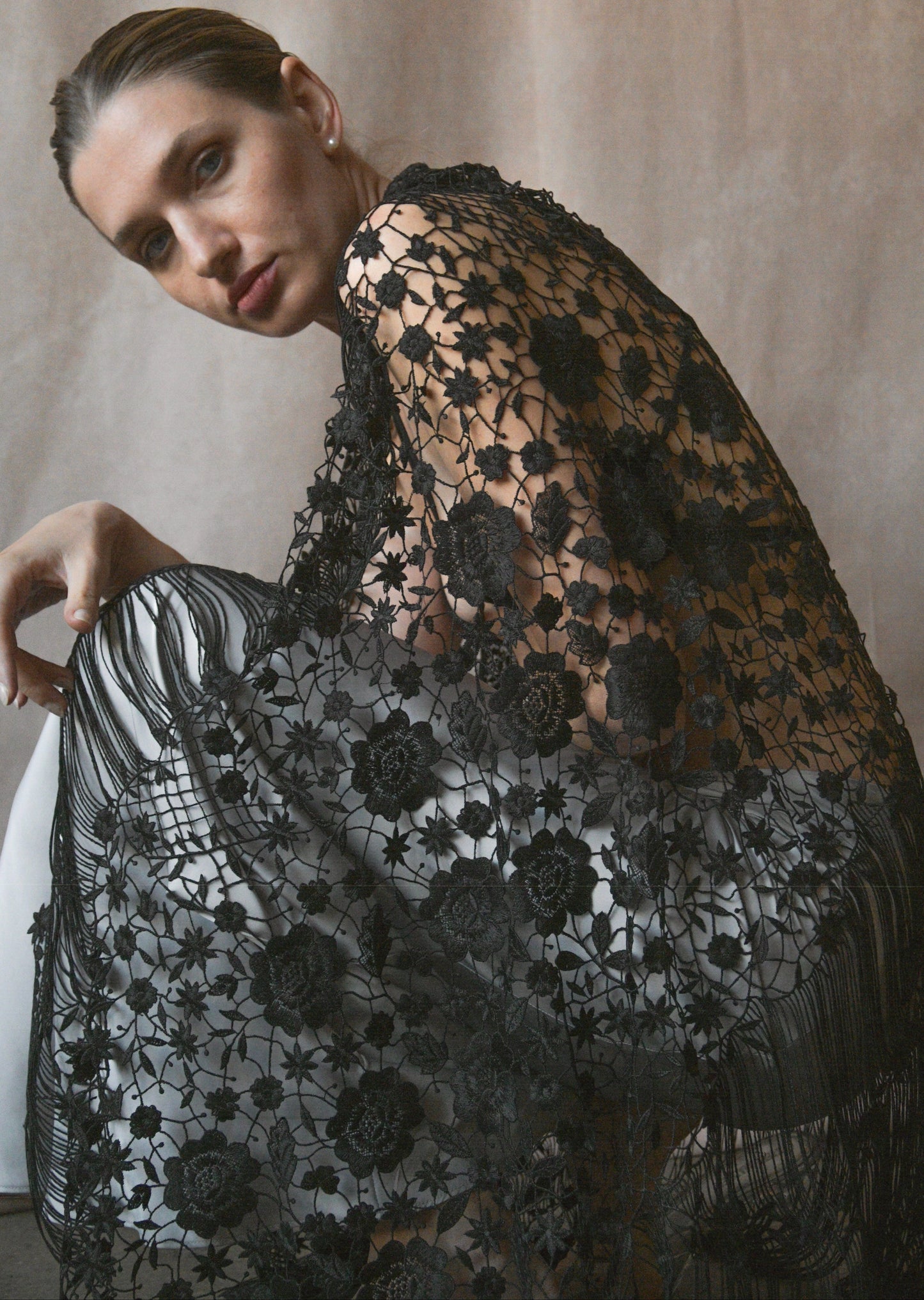giorgio armani black lace fringe shawl