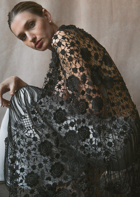 giorgio armani black lace fringe shawl