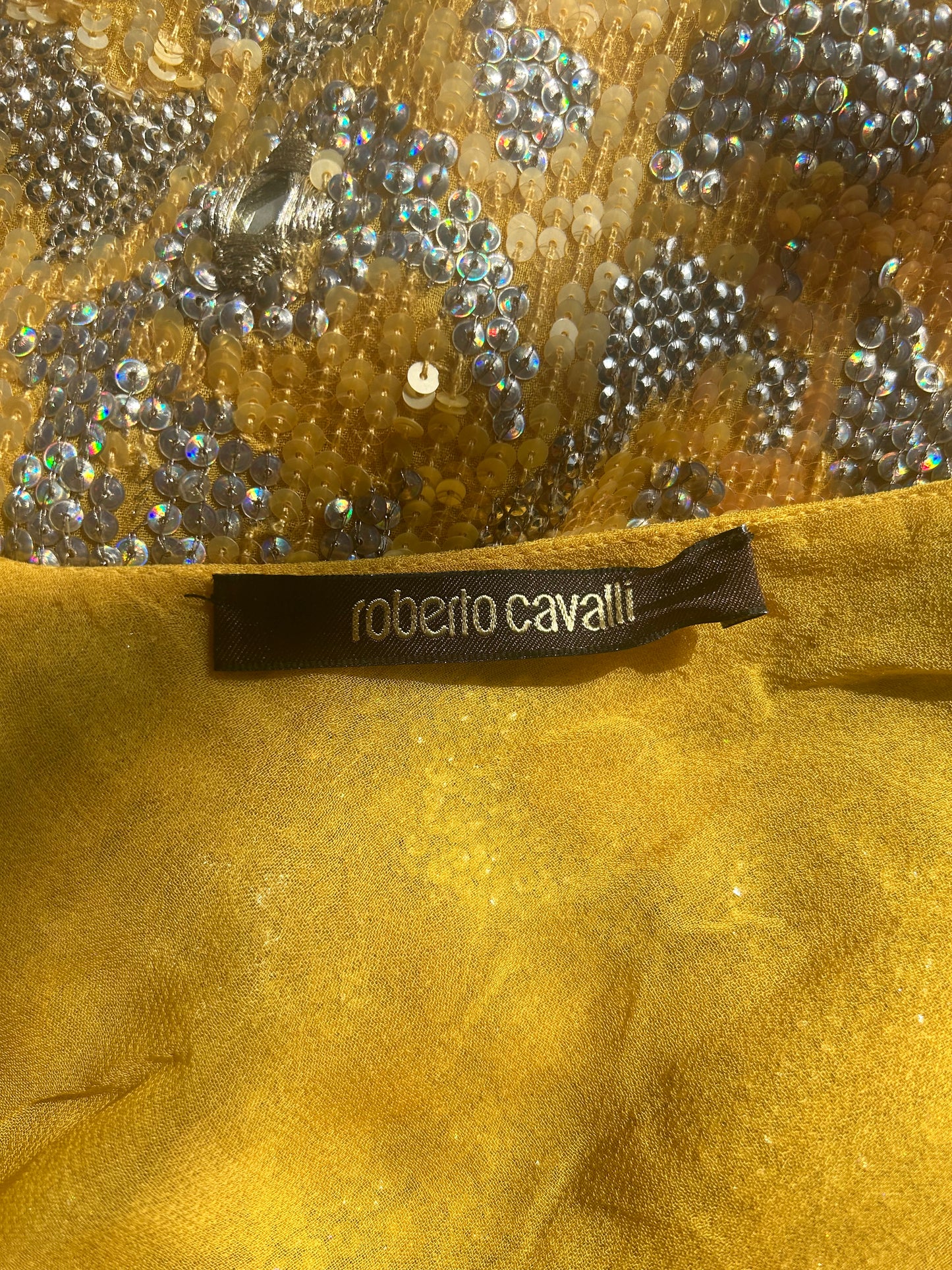 roberto cavalli canary yellow sequin bead mirror embellished dress