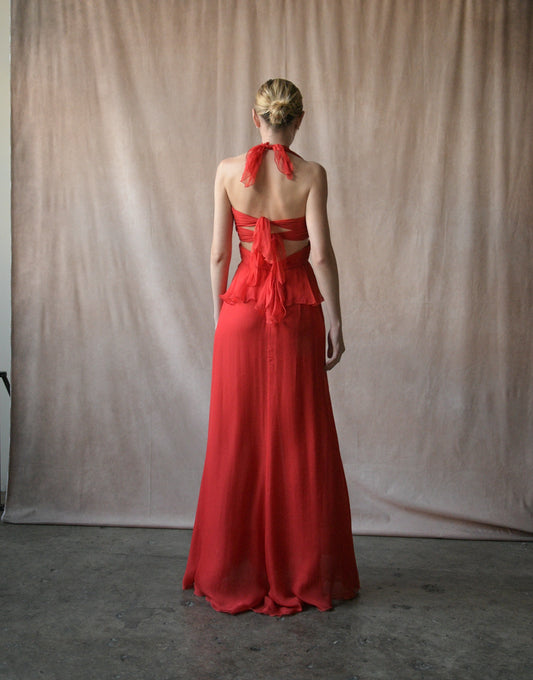 valentino ss 2007 red silk plisse halter dress with train
