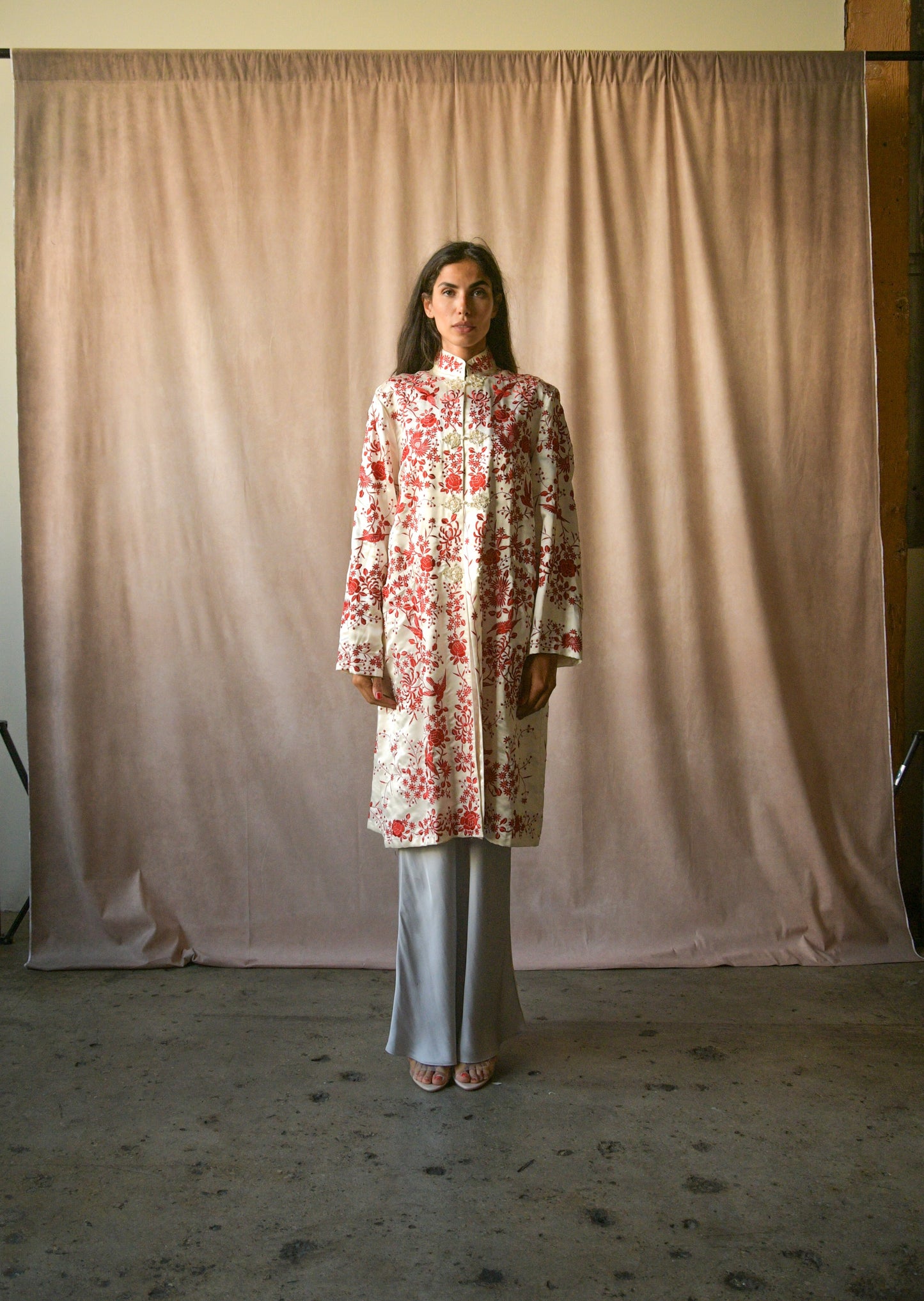 antique floral and bird embroidered silk chinoiserie coat