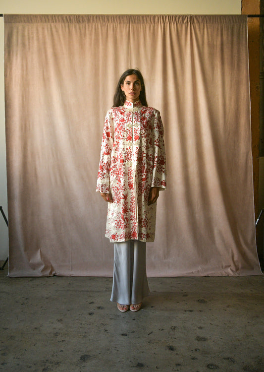 antique floral bird embroidered silk chinoiserie coat
