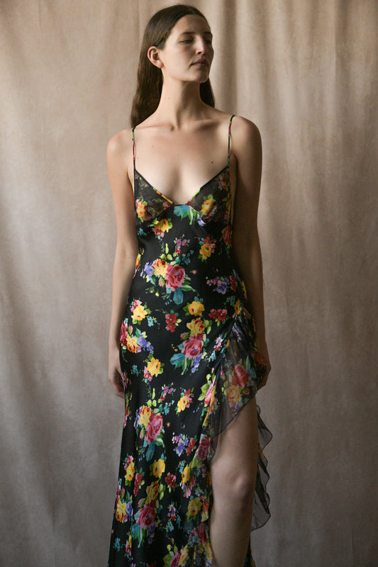 roberto cavalli spring 2000 floral silk bias cut high slit dress