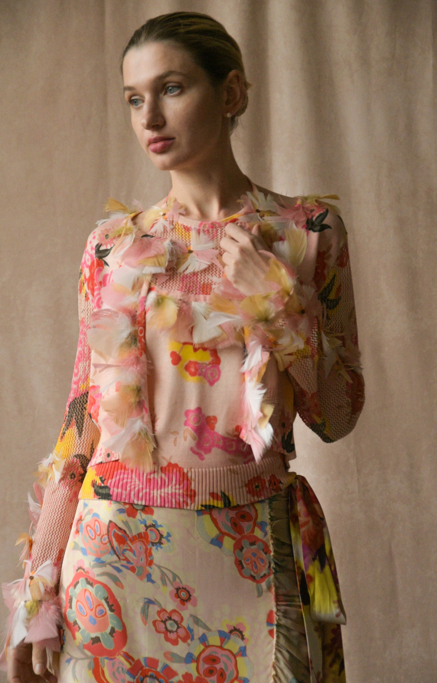 christian lacroix pink print feather patchwork skirt set