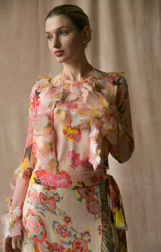 christian lacroix pink print feather patchwork skirt set