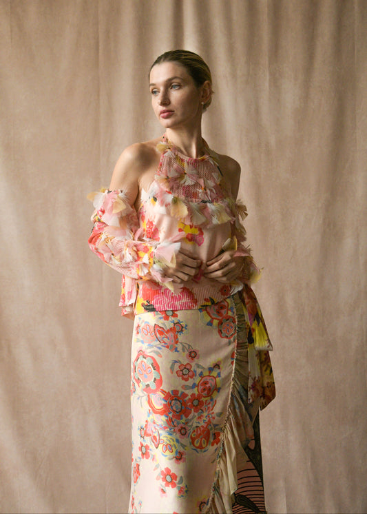 christian lacroix pink print feather patchwork skirt set