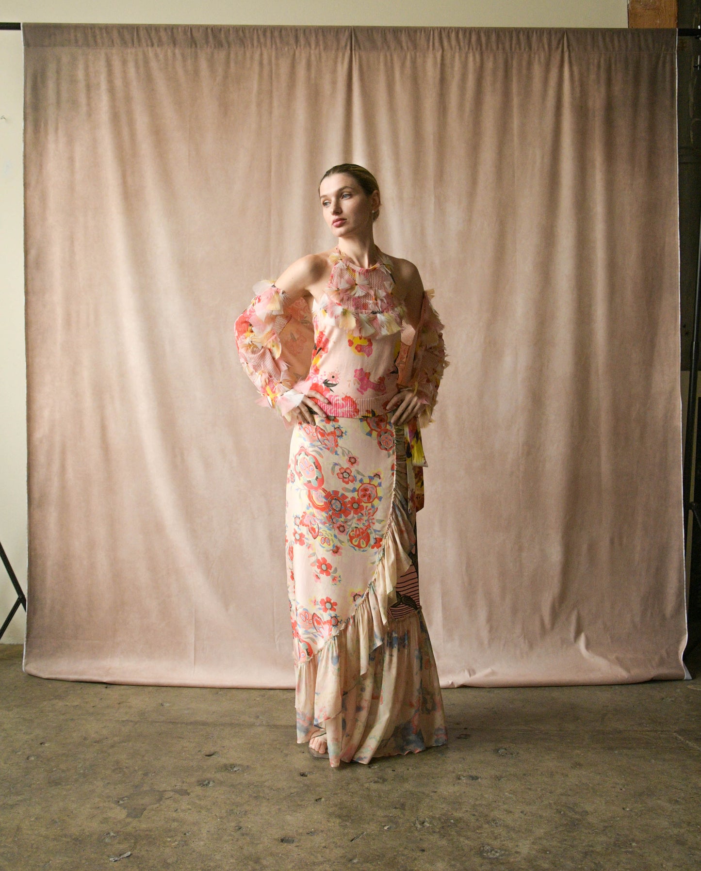christian lacroix pink print feather patchwork skirt set