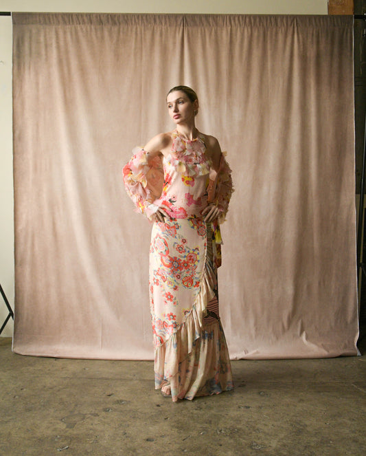 christian lacroix pink print feather patchwork skirt set