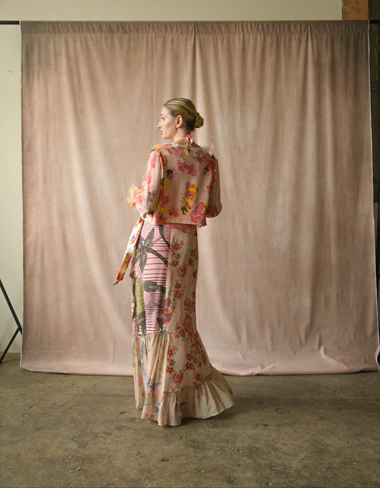 christian lacroix pink print feather patchwork skirt set