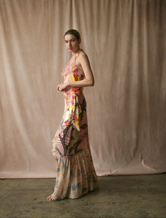 christian lacroix pink print feather patchwork skirt set