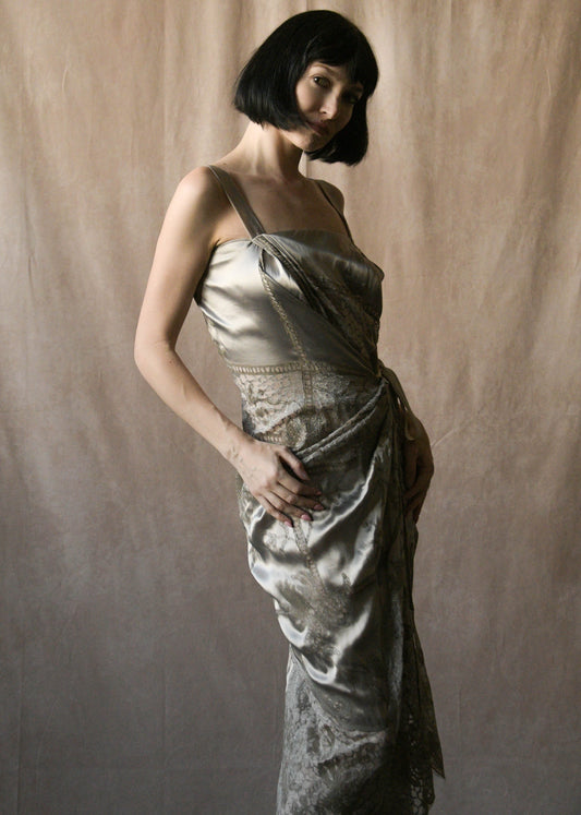dries van noten silver painted lace draped dress