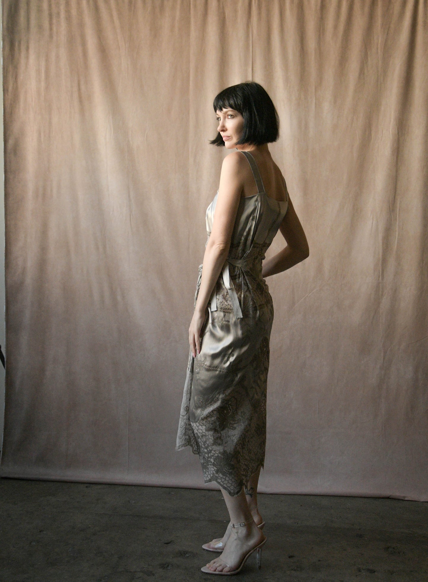 dries van noten silver painted lace draped dress