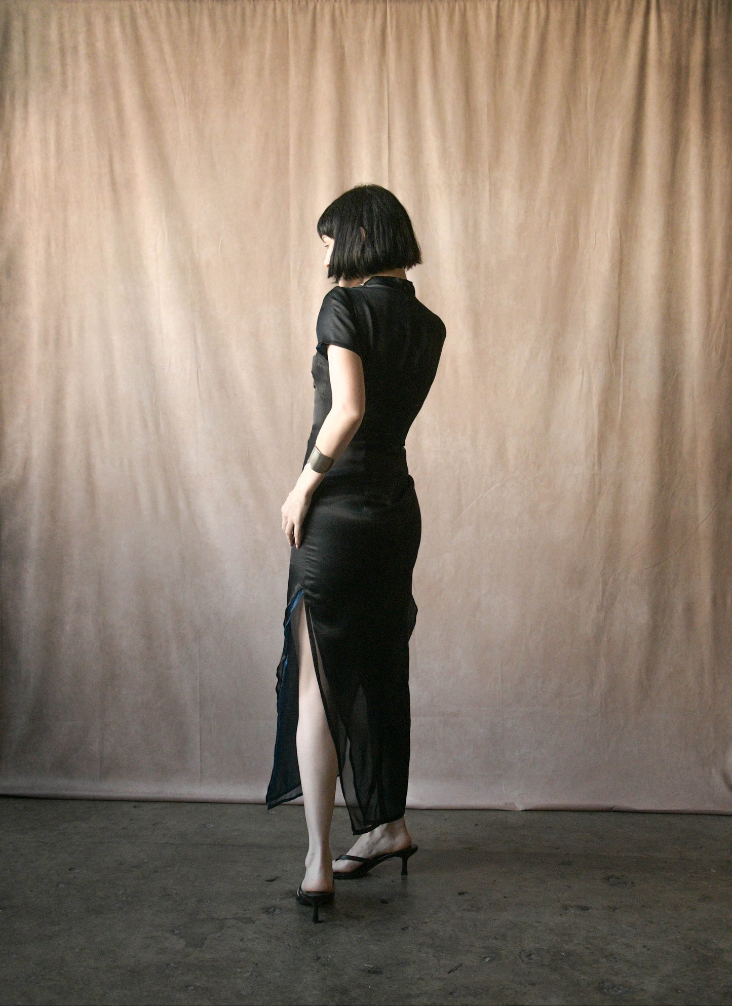 jil sander black silk organza layered qipao