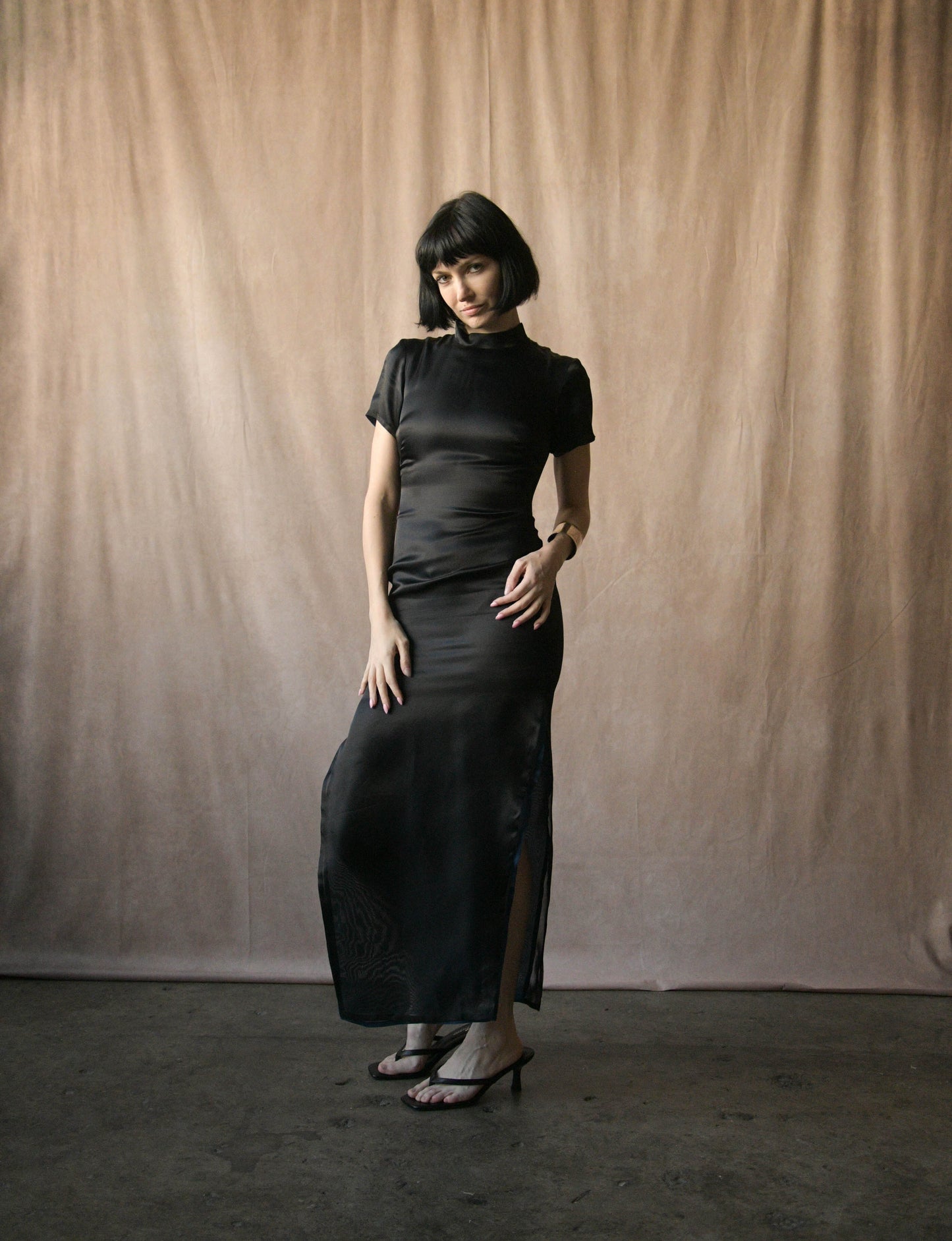 jil sander black silk organza layered qipao