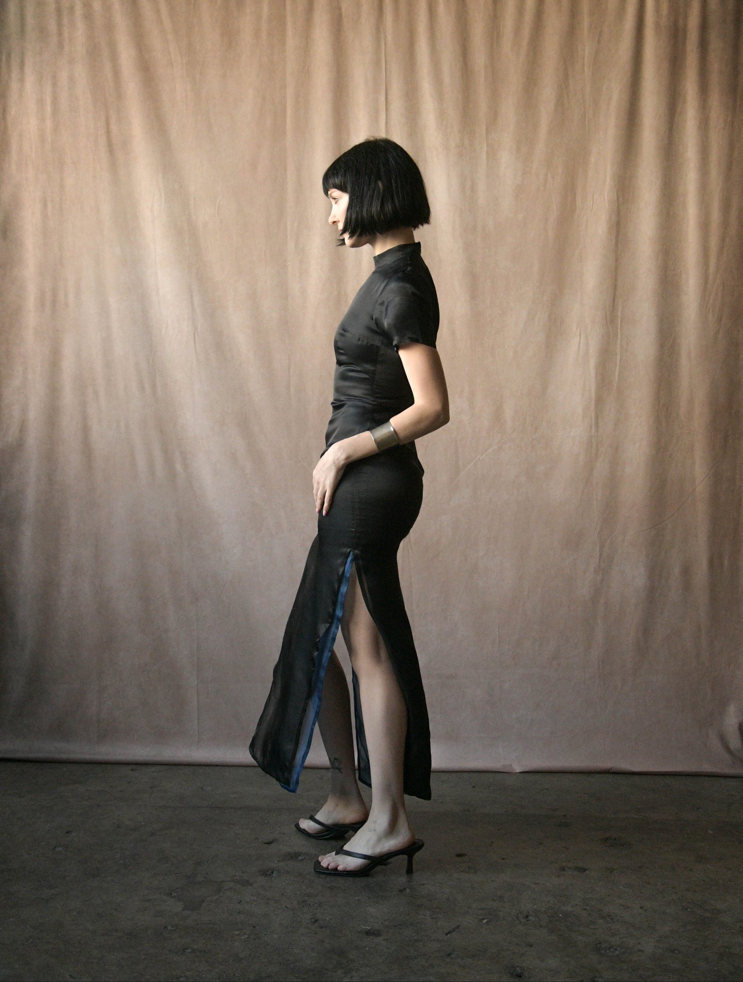 jil sander black silk organza layered qipao