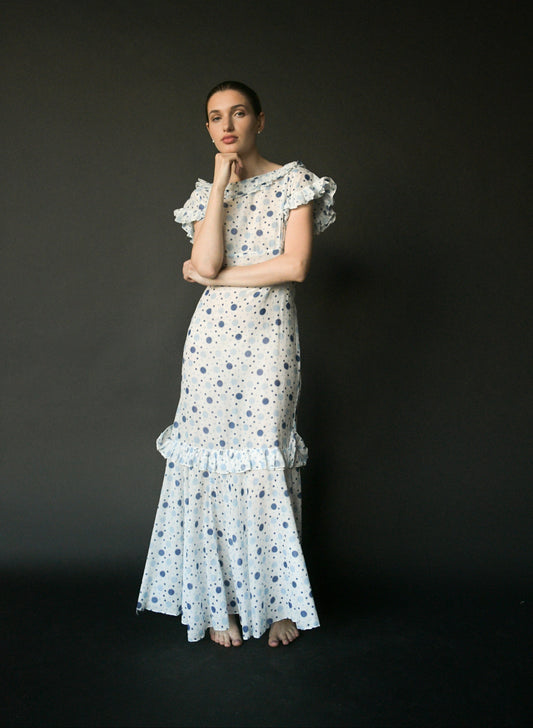 1930s white cotton polka dot mermaid dress