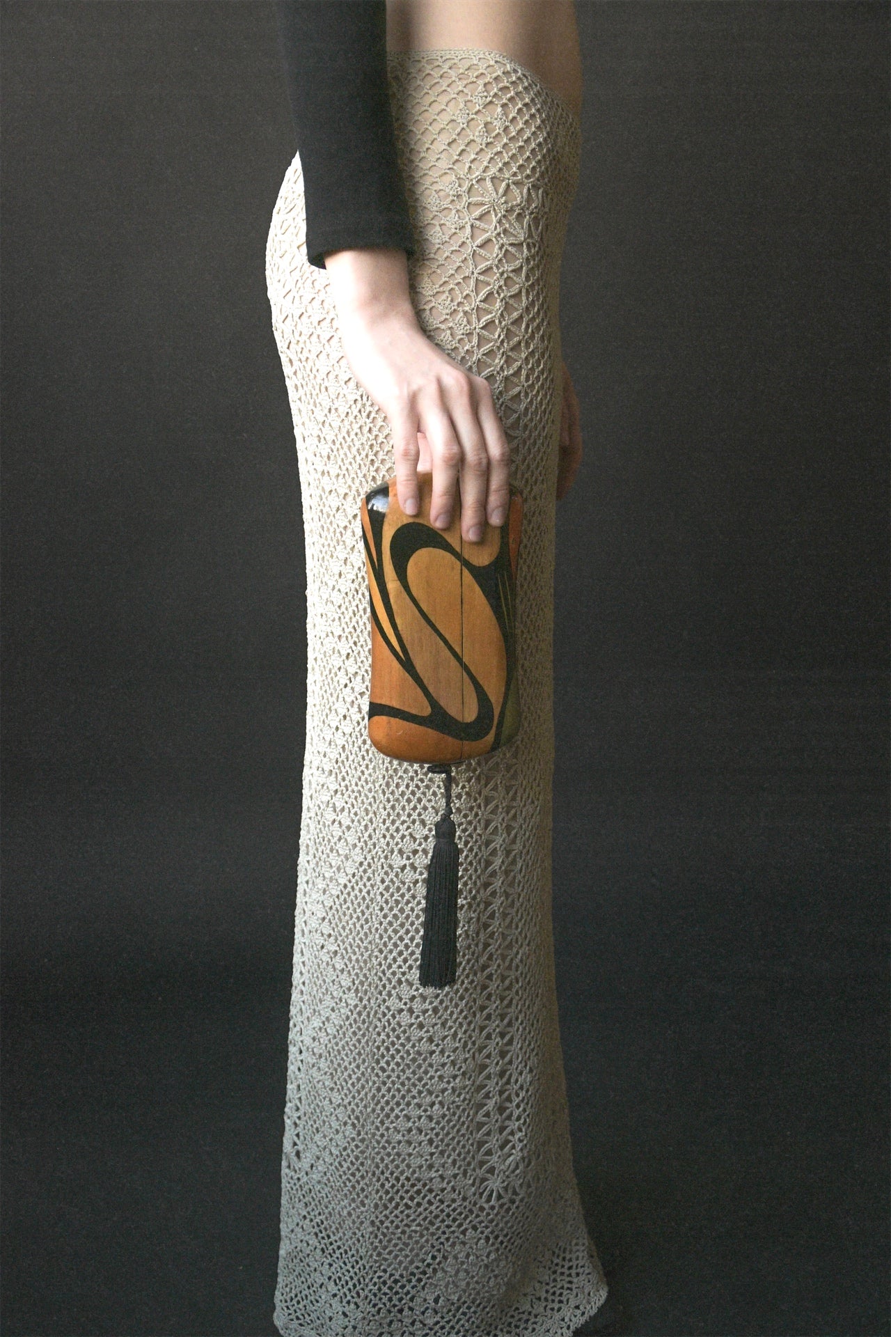 wooden painted minaudiere tassel clutch